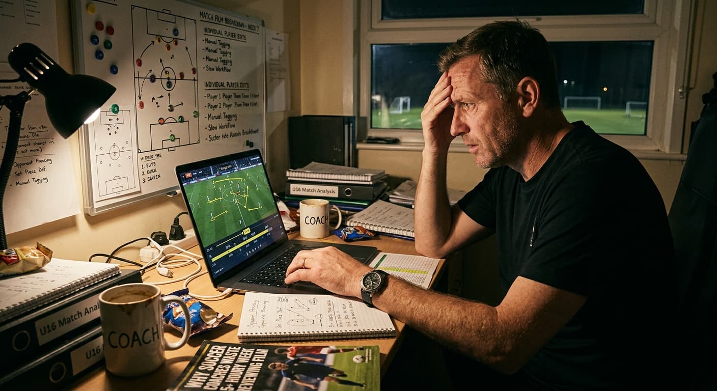 Soccer coach reviewing match footage on a laptop after a game