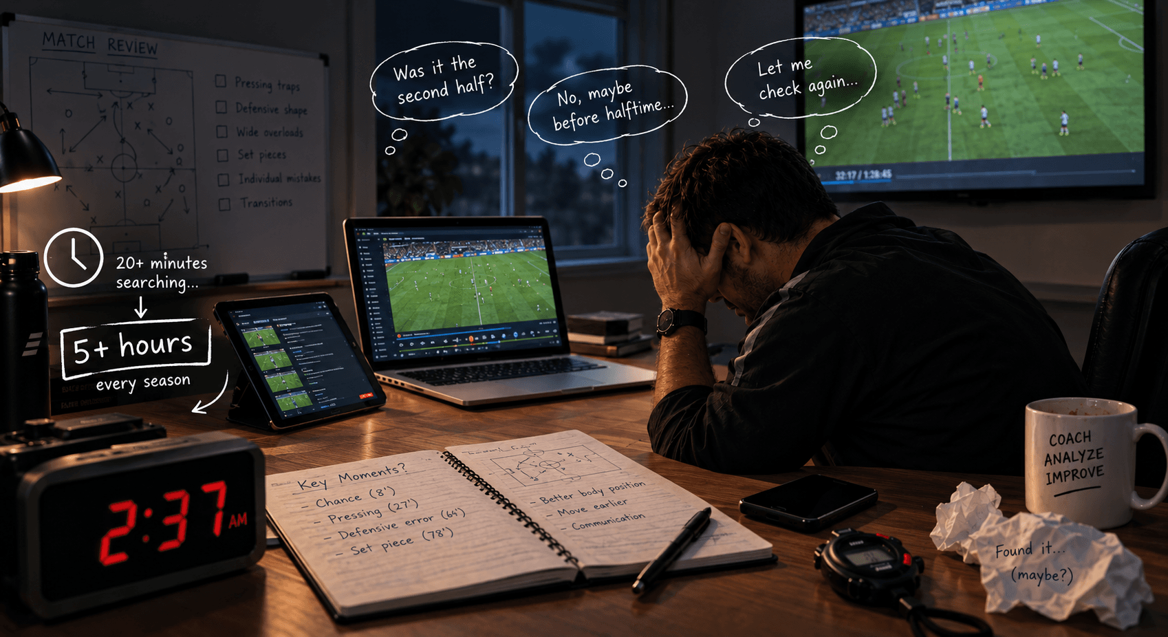 Soccer coach rewatching a full match on a tablet to find key moments