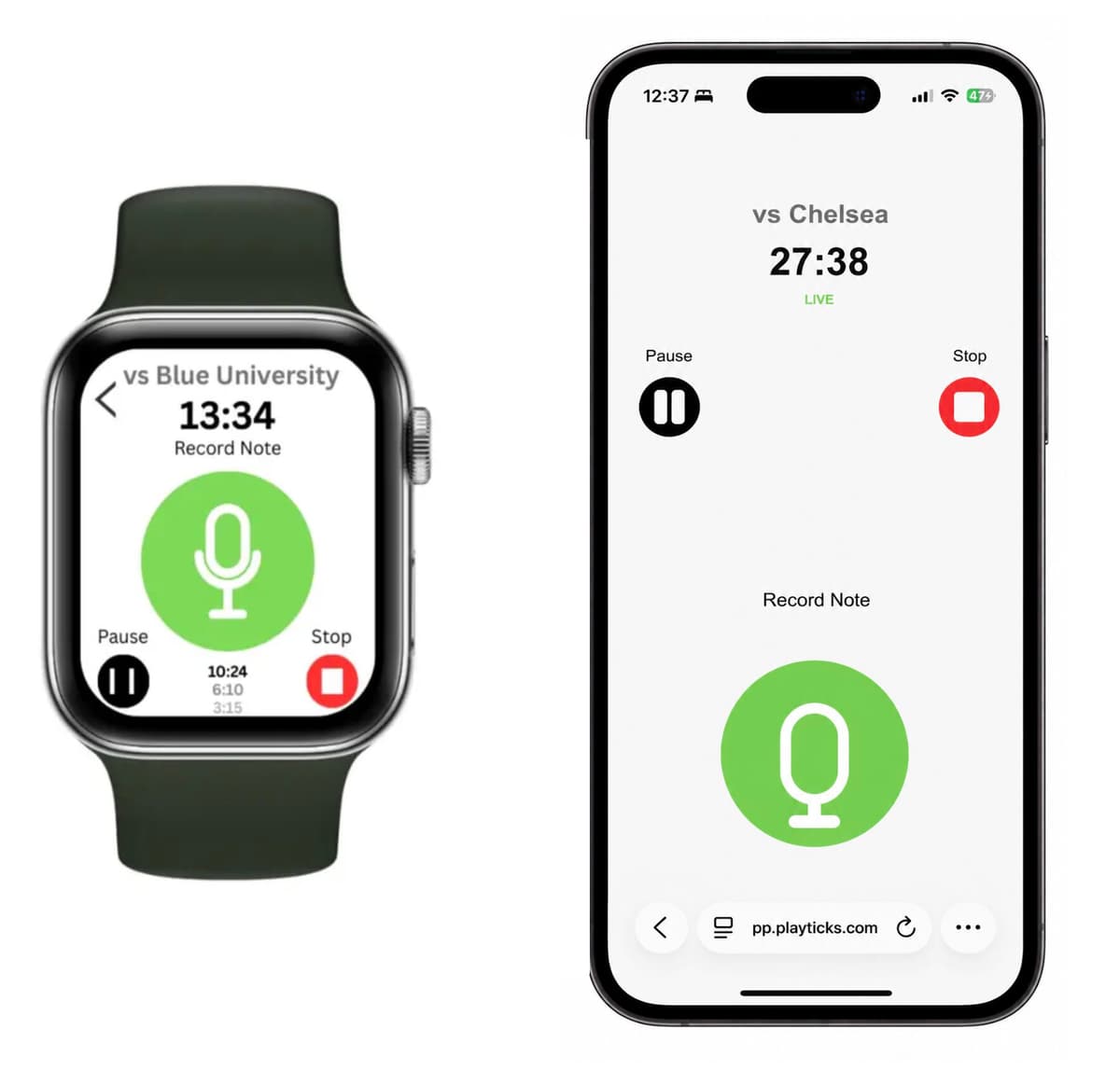 PlayTicks smartwatch and phone — real-time sideline recording