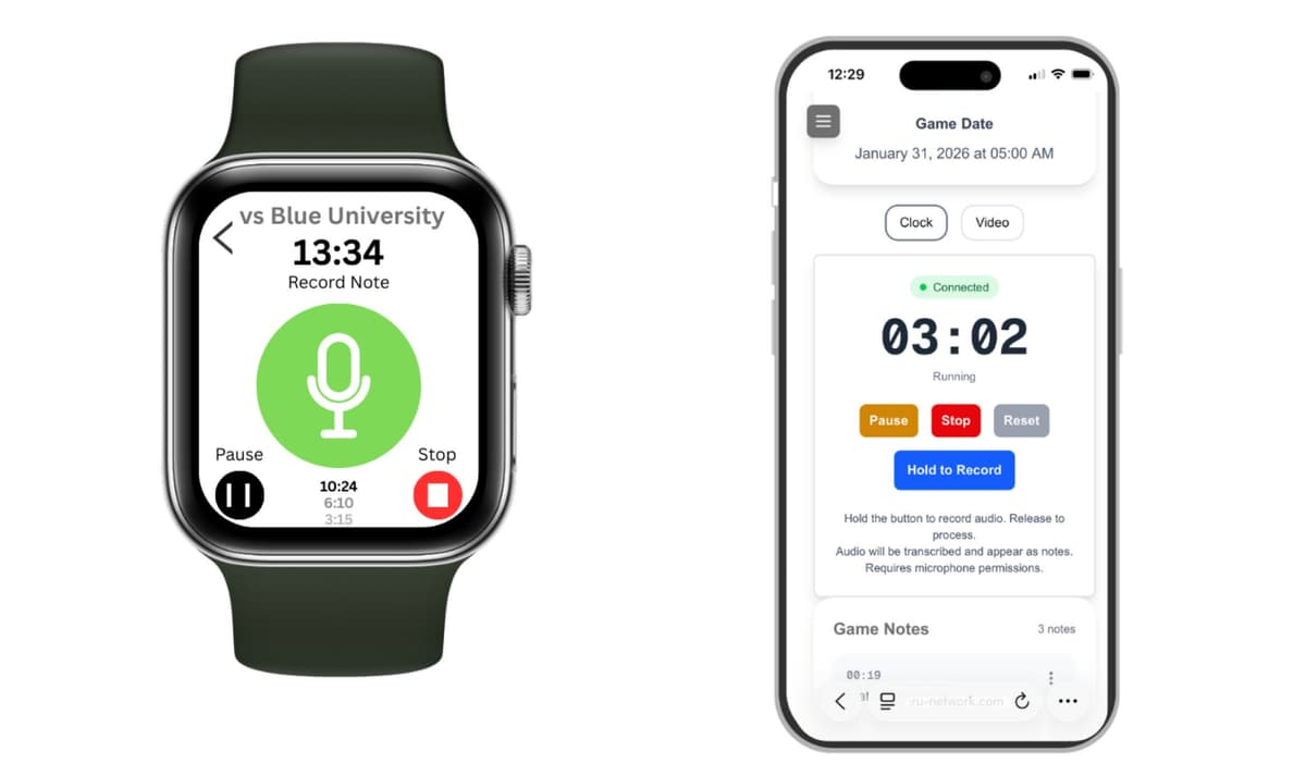 PlayTicks smartwatch and phone — real-time sideline recording